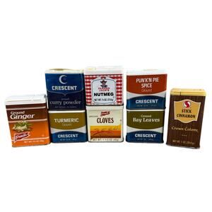 Vintage Spice Tin Set Lot of 8 Crescent Crown Colony Kitchen Decor